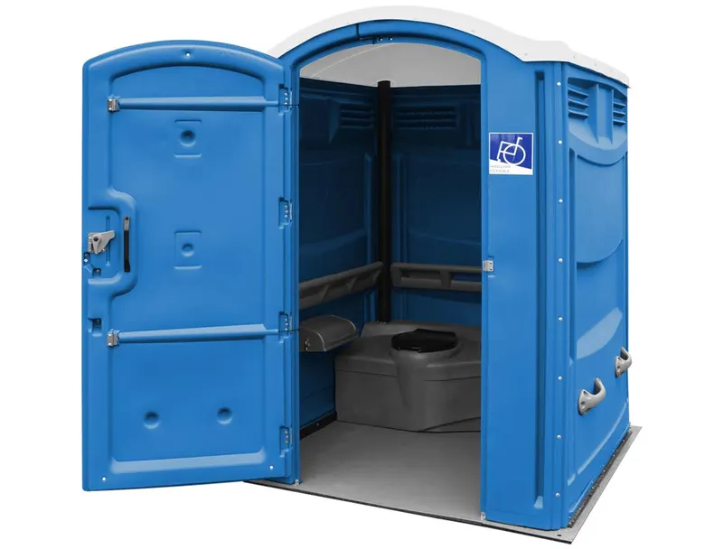Wheelchair-accessible portable restroom (portable toilet/porta potty) unit
